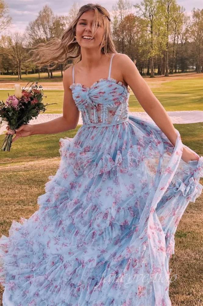 Straps Corset Floral Print Layered Tulle Prom Dress