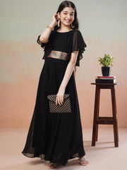 Girls Black Embellished Detail Flared Sleeves Georgette Fit & Flare Maxi Dress - Inddus.in