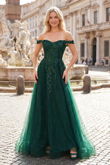 Glitter Emerald Appliques Off-the-Shoulder A-Line Long Prom Dress - Kissprom