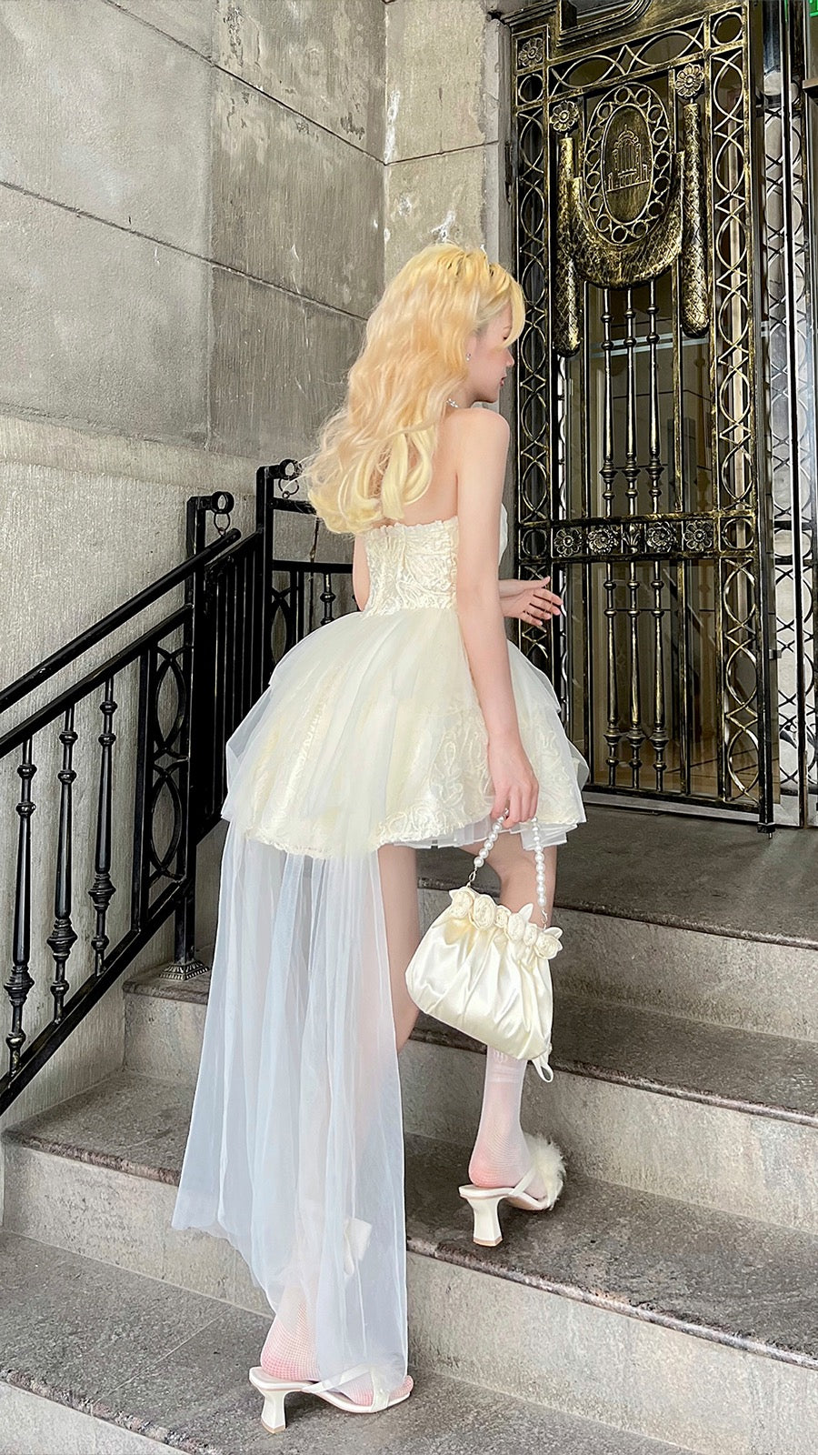 Pastel Yellow Princess Birthday Mini Dress Holiday Fairy Trailing Dress Lace High Waist Short French Dress