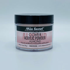 Jar of Mia Secret acrylic powder on a light gray background