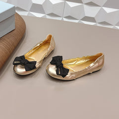 PRADA 26S ROUND TOE FLATS WITH BOW IN GOLD CALFSKIN