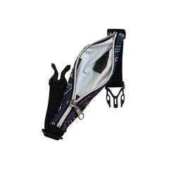 Insulin pump belt pouch for toddlers with zipper and flat clips, featuring reinforced openings for tubing.