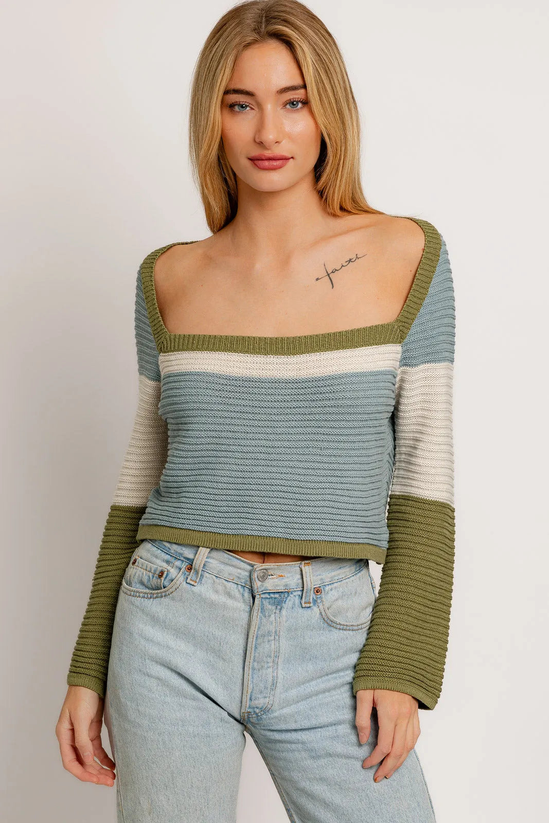 Color block Long Sleeve Deep Square Neckline Sweater - Tasha Apparel Wholesale