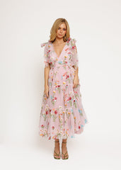 chic size inclusive model wearing JessaKae Margaret Floral Embroidered Midi Dress Pink Dresses