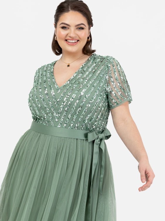 Maya plus size green stripe sequin embellished maxi dress with V neckline and satin sash belt - Curvy Chic Boutique