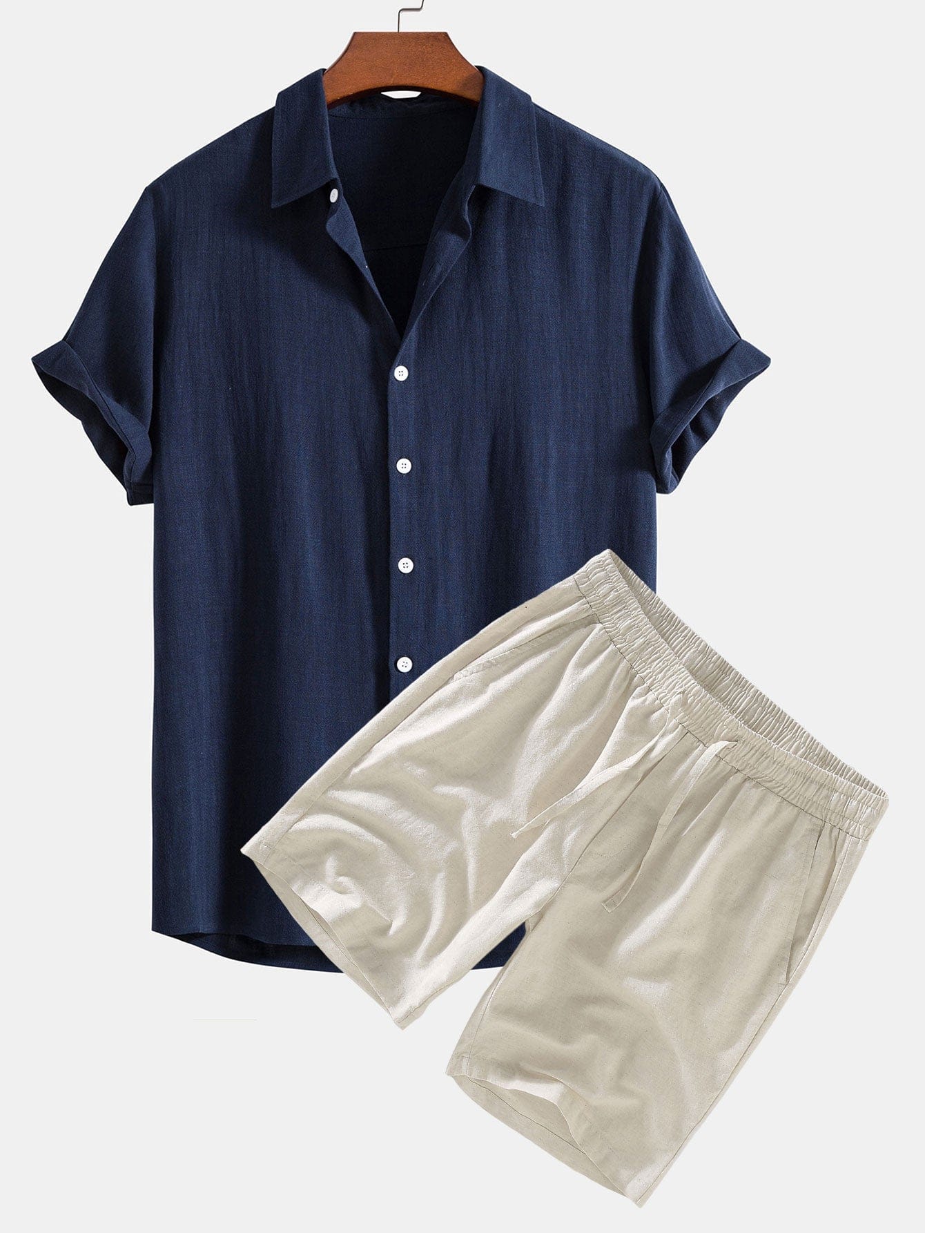 Modinzi mens set Navy / S Men’s Linen Short Sleeve Shirt and Shorts Set – Lightweight Summer Two-Piece Outfit