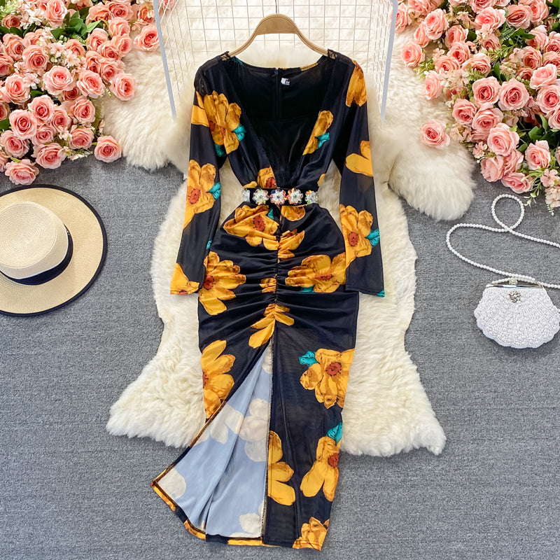 Sexy V-neck printed elastic slim wrap hip dress 3248