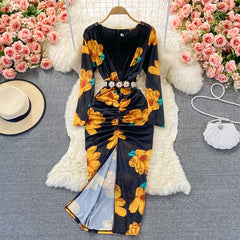 Sexy V-neck printed elastic slim wrap hip dress 3248