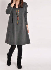 Autumn Winter Long Blusas Women Long Sleeve Pocket Dress Solid O Neck Casual Loose Dresses Vestidos Plus Size S-5XL - CelebritystyleFashion.com.au online clothing shop australia