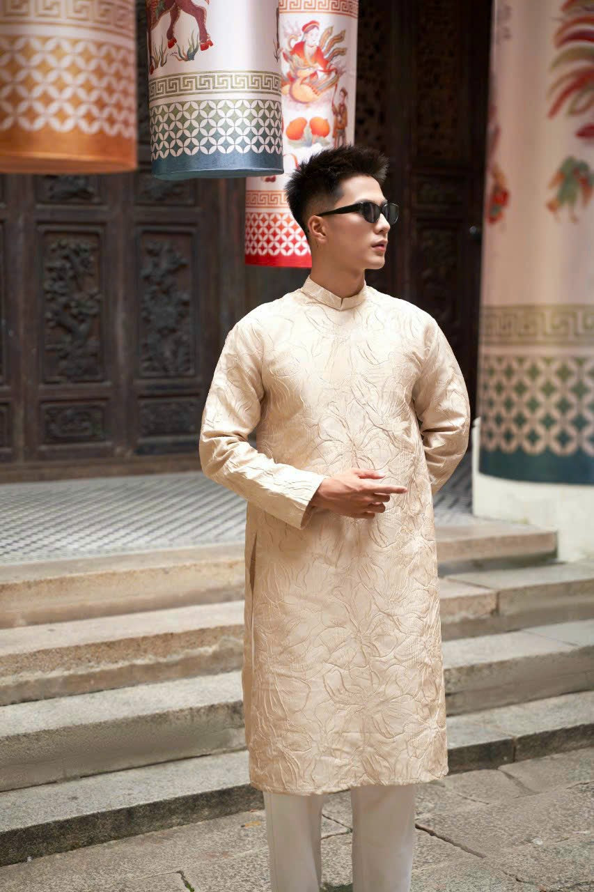 Men Dress | Beige Hidden Pattern Modernzed Ao Dai For Men | Áo Dài Nam D1