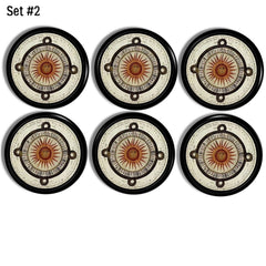 Set of six decorative cabinet knobs with a circular sunburst design, featuring intricate tribal and astrological engravings. The knobs have a rustic, antique look, ideal for Southwestern, bohemian, or eclectic home decor styles. Perfect for enhancing furniture, kitchen cabinets, or dresser drawers with a bold, artisanal touch.