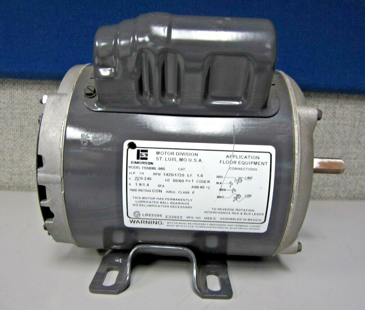 Emerson T55BML-985 Continuous Duty Motor (1/4HP, 1425/1725RPM, 220-240V, 1-PH)