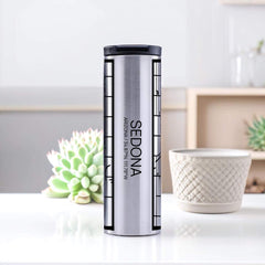 Sedona Arizona Custom City Map Inscription Coordinates on 17oz Stainless Steel Insulated Tumbler in Tactile Lines with Succulent in Background
