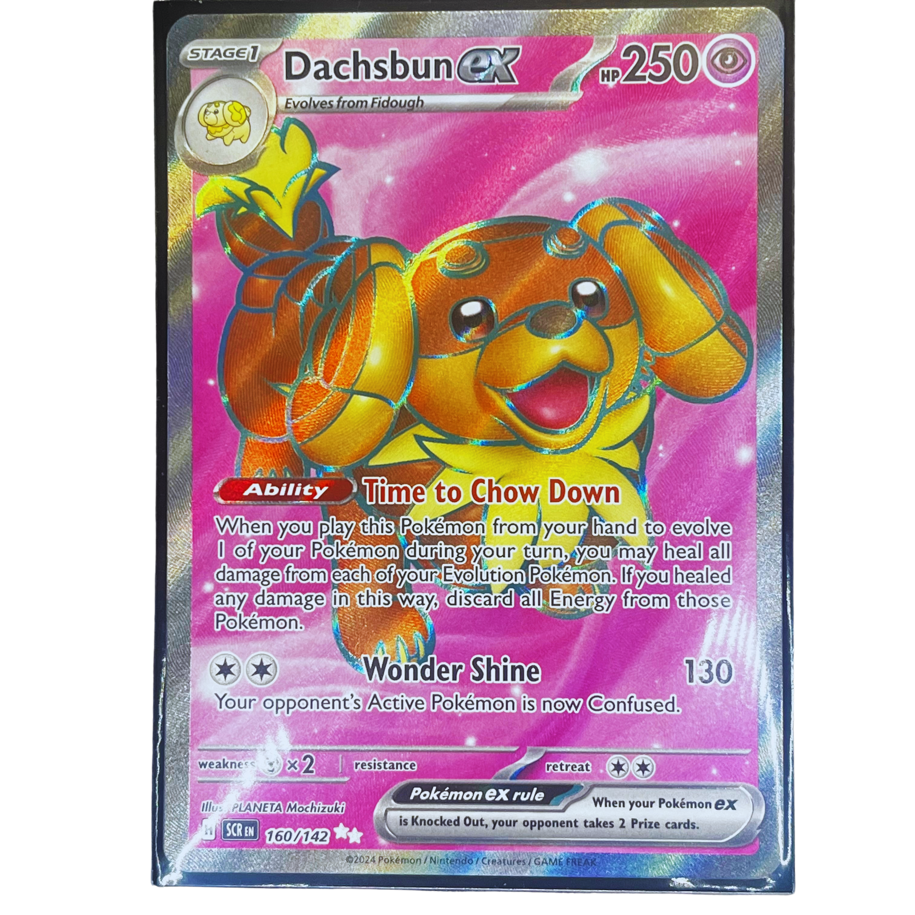 Dachsbun EX 160/142 Secret Rare English Pokémon card from Scarlet & Violet set in Near Mint condition – holographic EX card featuring Dachsbun with full-art design, collectible trading card for Pokémon TCG players and collectors