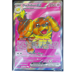 Dachsbun EX 160/142 Secret Rare English Pokémon card from Scarlet & Violet set in Near Mint condition – holographic EX card featuring Dachsbun with full-art design, collectible trading card for Pokémon TCG players and collectors