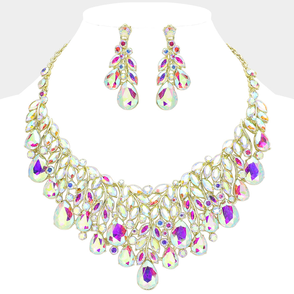 AB, Gold Teardrop Stone Cluster Marquise Vine Embellished Evening Necklace