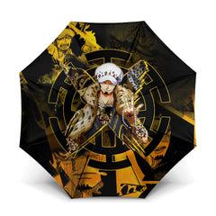 Trafalgar Law One Piece Yellow and Black Theme Umbrella with Jolly Roger Symbol and Manga Panel Design - The Mazicc