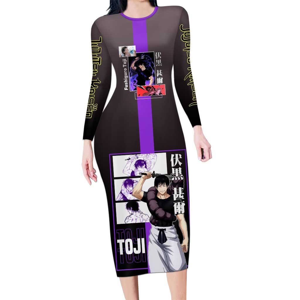 Fushiguro Toji from Jujutsu Kaisen Long Sleeve Bodycon Dress with Purple and Black Background and Multiple Poses Design - The Mazicc
