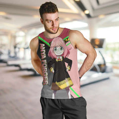 Anya Forger Spy x Family Pink and Black Theme Men Tank Top with Cheerful Pose and Cartoon Style Accents - The Mazicc