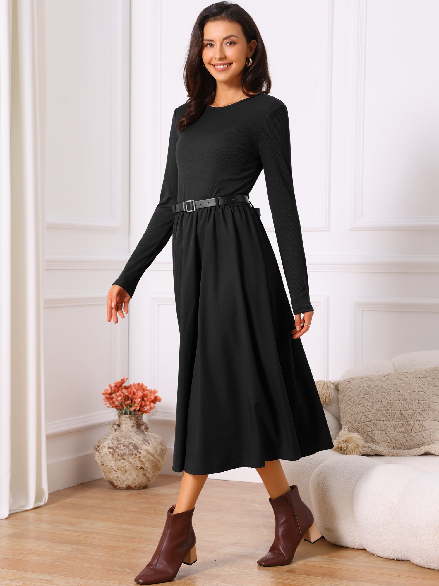 Women's Midi Dress Crewneck Long Sleeve Flowy Casual Dresses with Belt Fall Winter Outfits