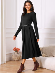 Women's Midi Dress Crewneck Long Sleeve Flowy Casual Dresses with Belt Fall Winter Outfits