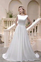 Vintage Simple Long Satin A-Line Light Ivory Wedding Dresses With Pockets - WonderlandByLilian