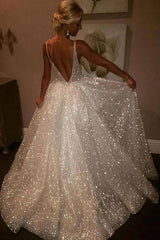 Sparkly Tulle V Neck Long Prom Dress Backless Wedding Dress,WP046
