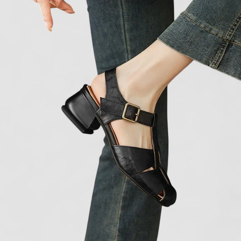 Women's Vintage Cutout T-Bar Sandals ??? Brass Buckle Square Toe Mid Block Heel
