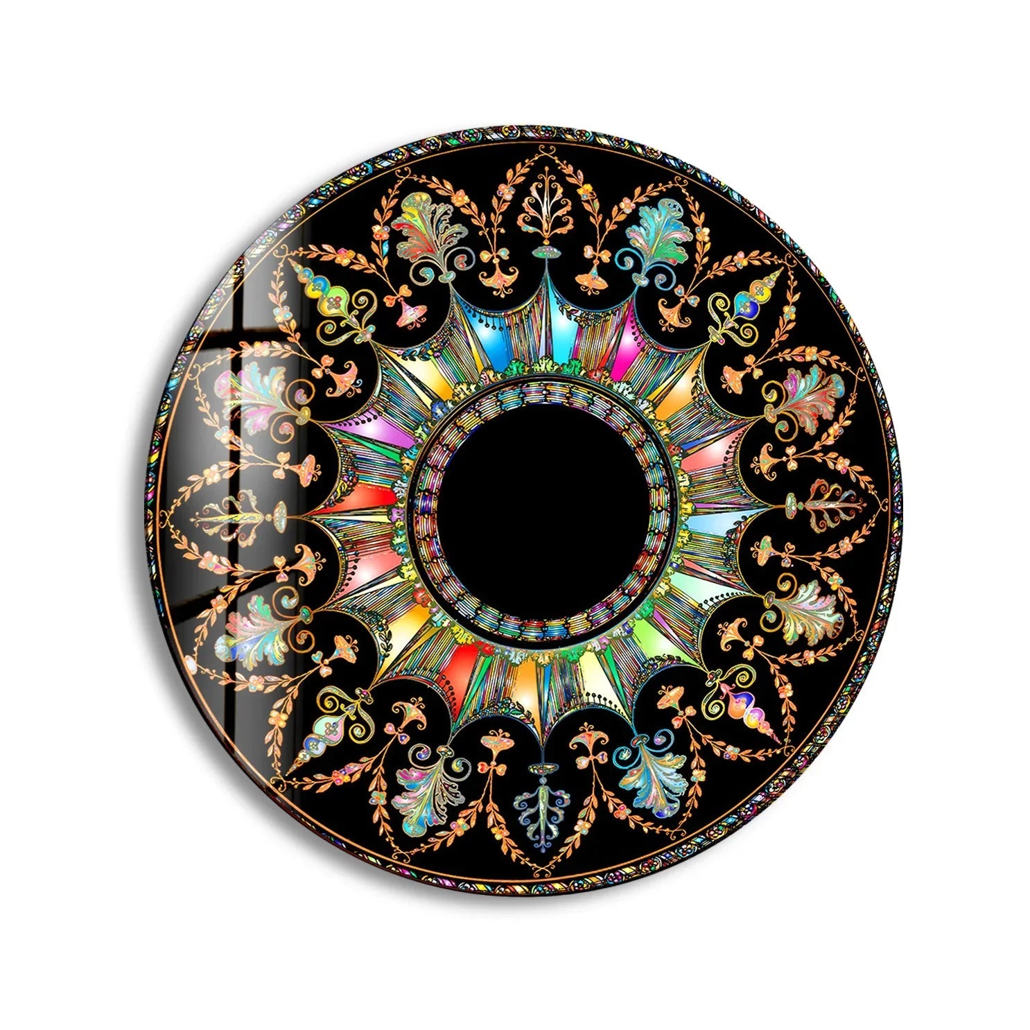 Softest iridescent hues illuminate this radiant mandala round abstract glass art, adding a vibrant burst of color to this stunning example of glass art.