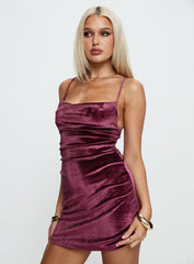 side view of model wearing Princess Polly Celena Velvet Mini Dress Purple Cowl Neck