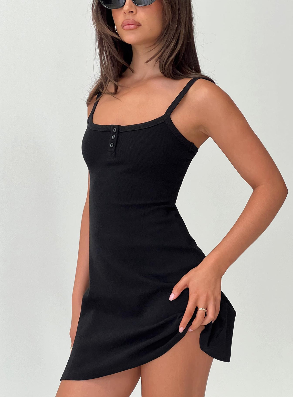 back view of model wearing Princess Polly Baseline Rib Mini Dress Black Square Neck