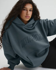 Distressed Varsity Washed Oversized Hoodie - Storm Blue