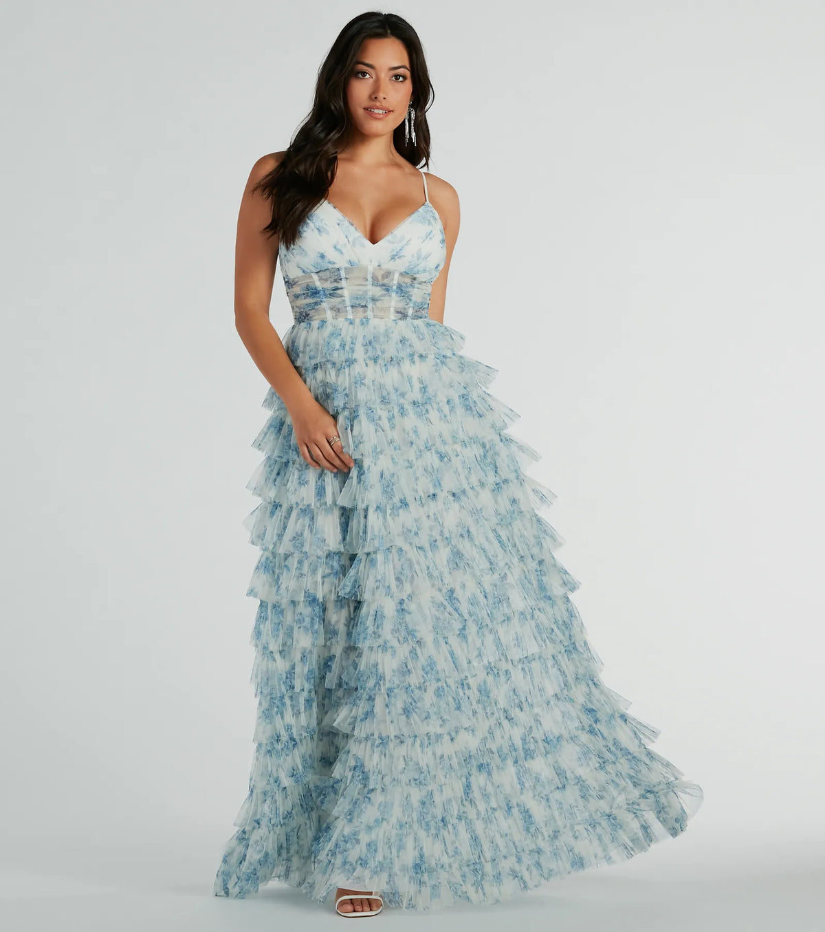 Feel instantly put-together in the Halle Corset Ruffle A-Line Floral Formal Dress in light blue, a stylish wedding guest dress designed for confident style and all-out celebration.