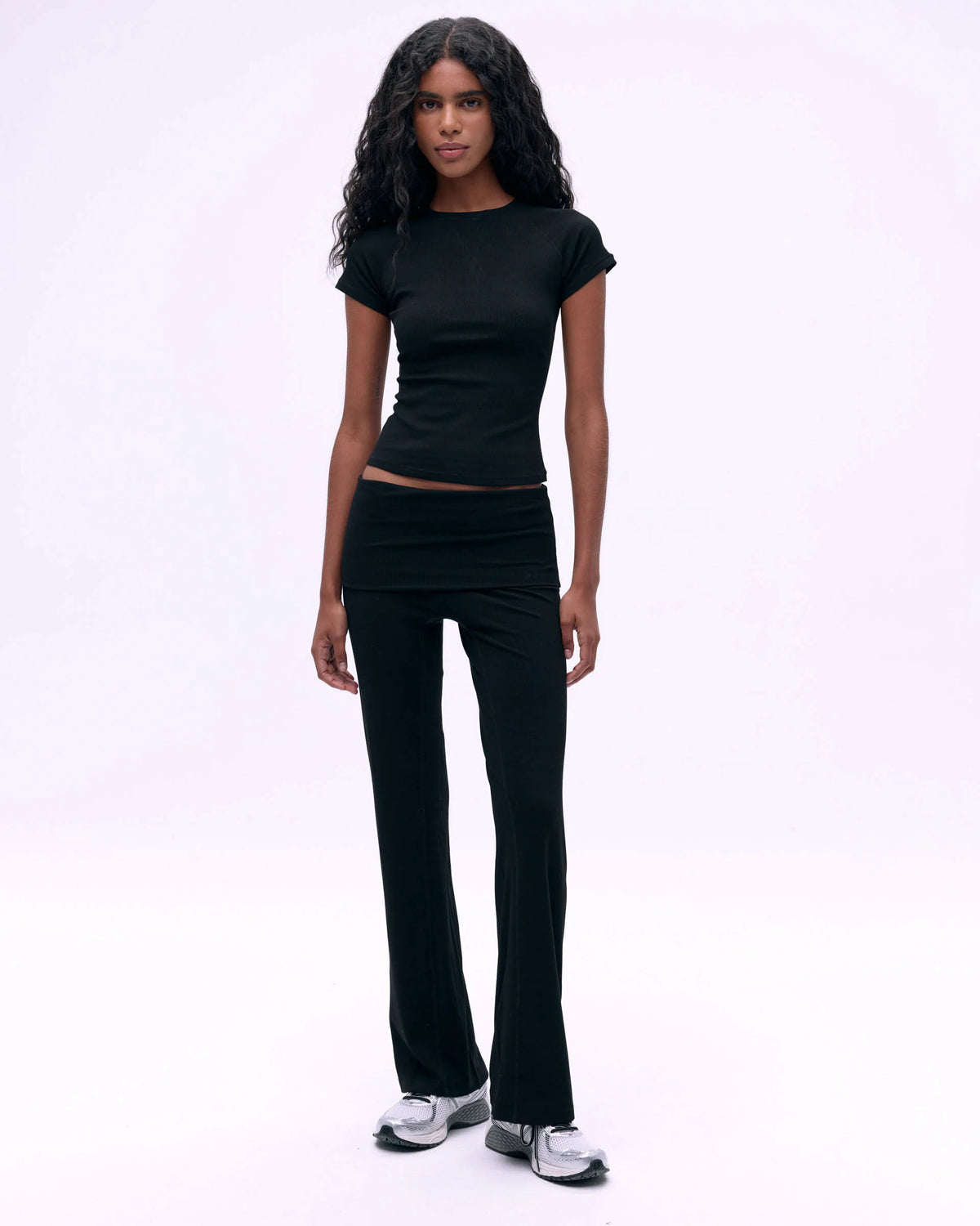Rib Fold Over Pants - Black