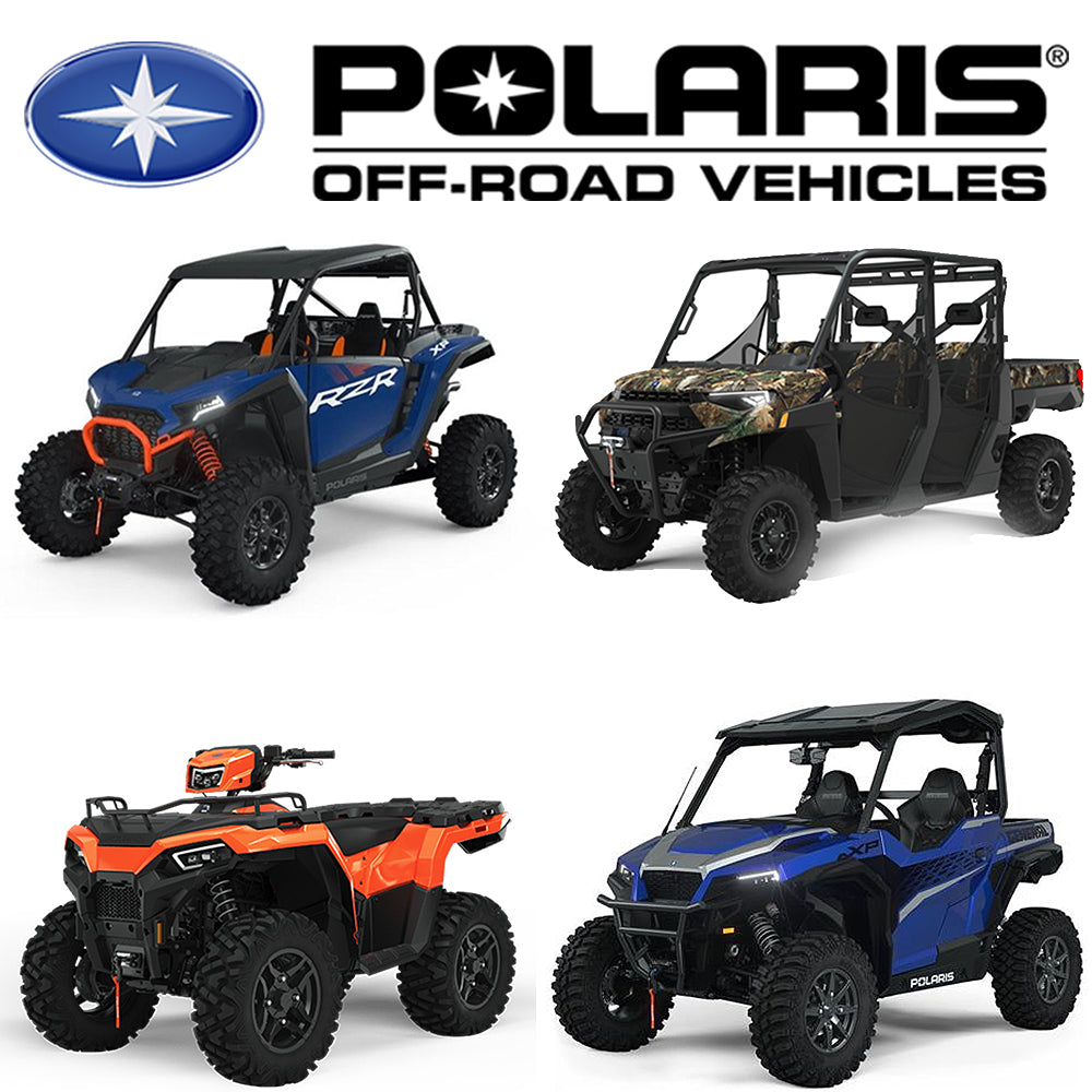 Four Polaris off-road vehicles displayed with the Polaris logo above them on a white background.