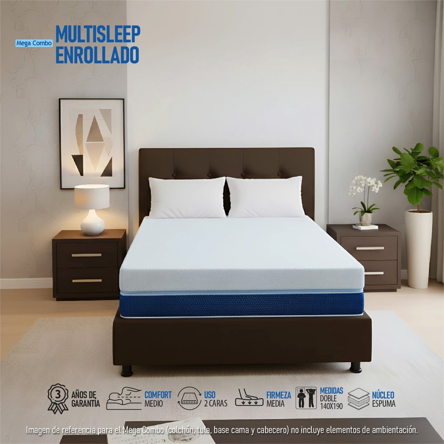Combo Colchón Multisleep Blanco y Cafe Doble 140 X 190 Cm Firmeza Medio Doble Faz Con Cabecero y Base Cama - COLCHONES | Bylmo