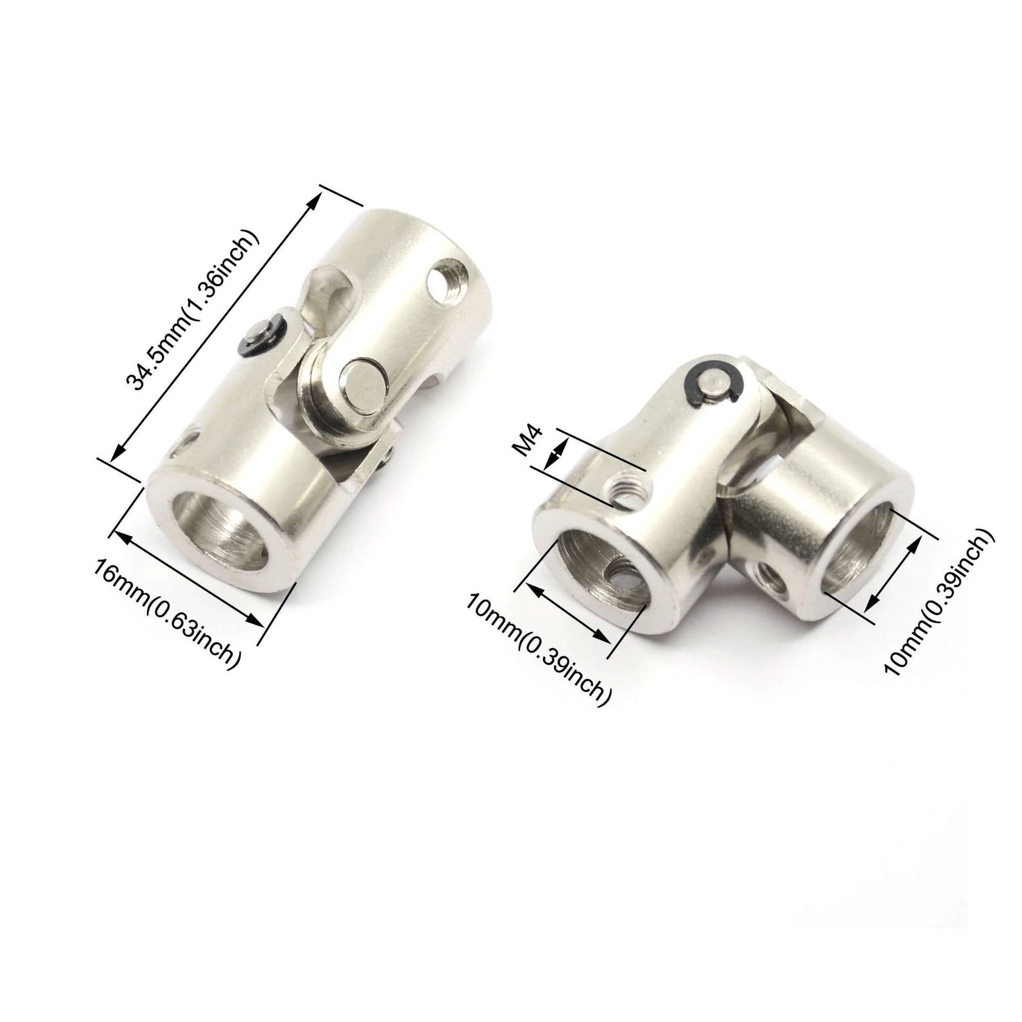 2 Pcs 10mm to 10mm Universal Joint Shaft Coupling with Screws for Motor, showing dimensions and material close-up.