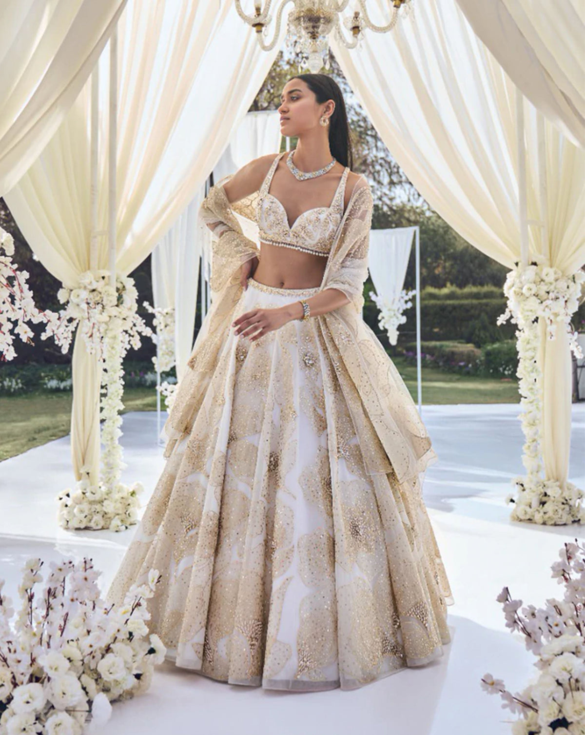 White Gold Floral Lehenga Set
