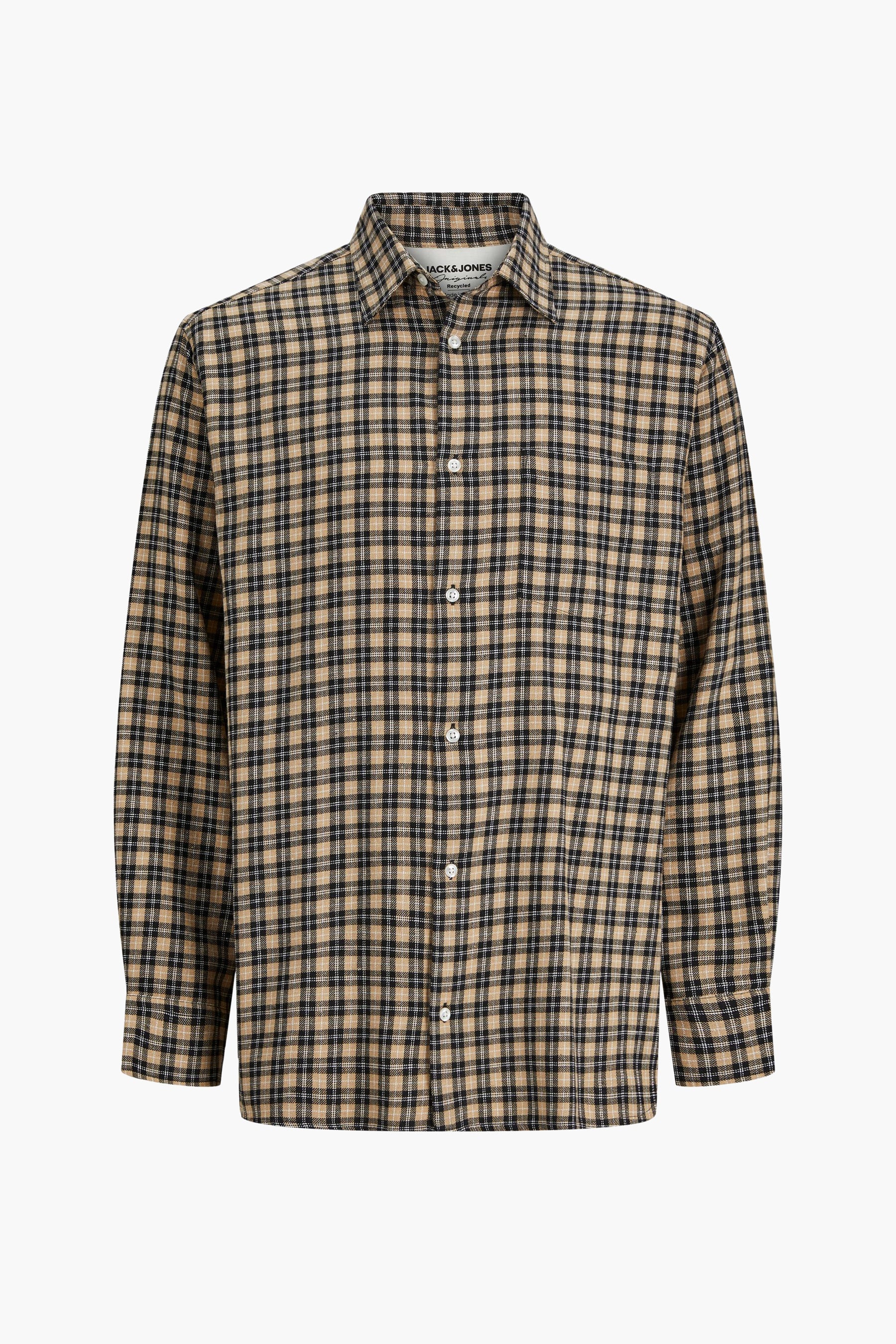 Bruin hemd met lange mouwen van ORIGINALS by JACK & JONES, met een geruit patroon en witte knopen.