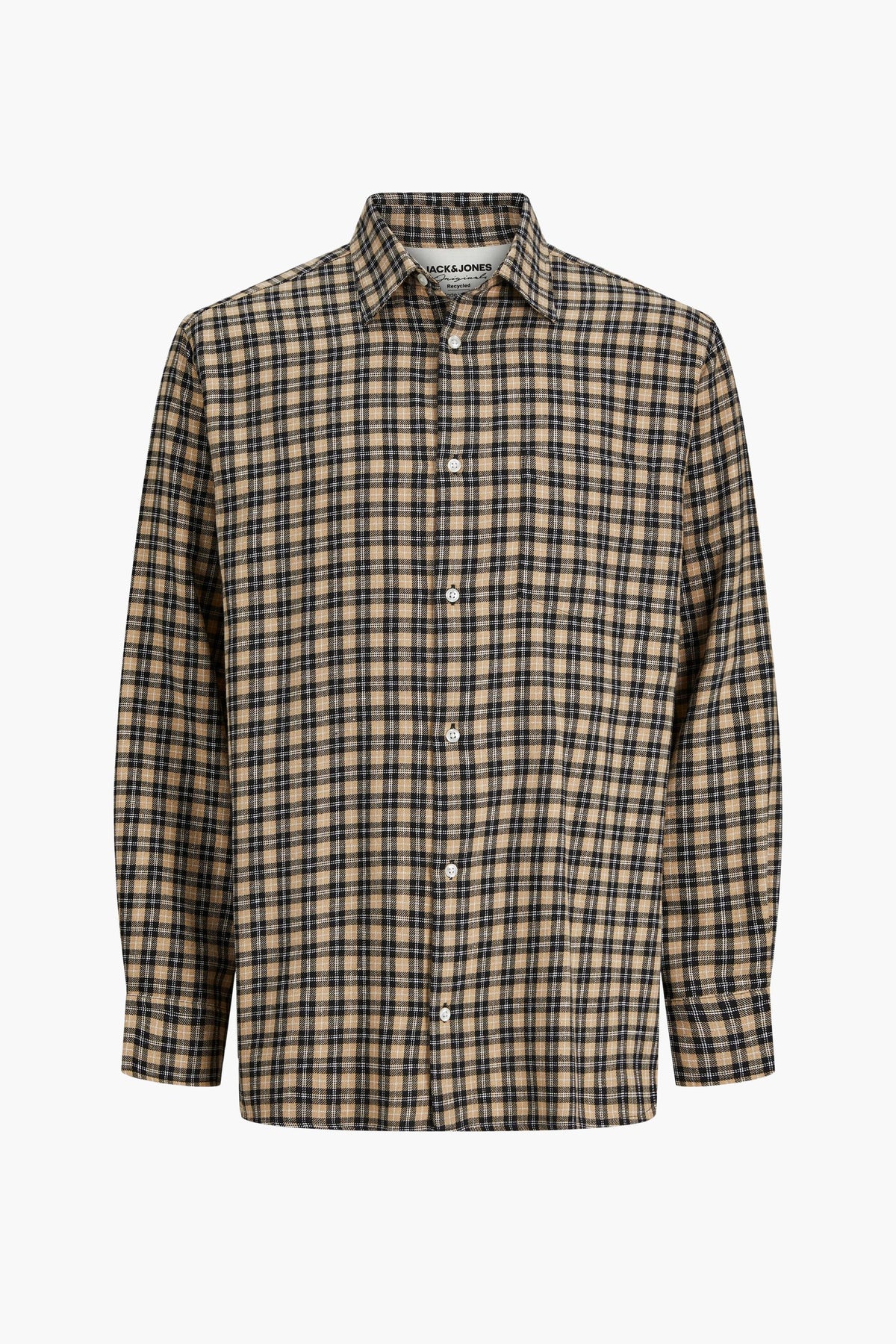 Bruin hemd met lange mouwen van ORIGINALS by JACK & JONES, met een geruit patroon en witte knopen.