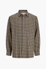 Bruin hemd met lange mouwen van ORIGINALS by JACK & JONES, met een geruit patroon en witte knopen.