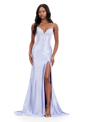 ASHLEYlauren 12357 | Periwinkle beaded formal gown with sweetheart neckline, fitted silhouette, lace up back and pearl accented train