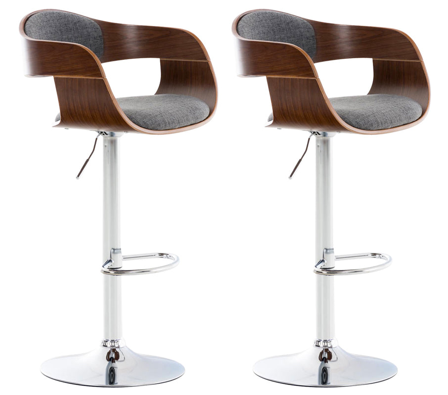 Set de 2 taburetes de bar sillas altas en tela gris claro asiento madera color nogal metal cromado M10_001504