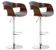 Set de 2 taburetes de bar sillas altas en tela gris claro asiento madera color nogal metal cromado M10_001504