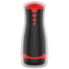 A black and red handheld masturbator with a sleek design. The top part is red with buttons for controlling the settings, and the bottom part is black, indicating a textured sleeve inside for stimulation.