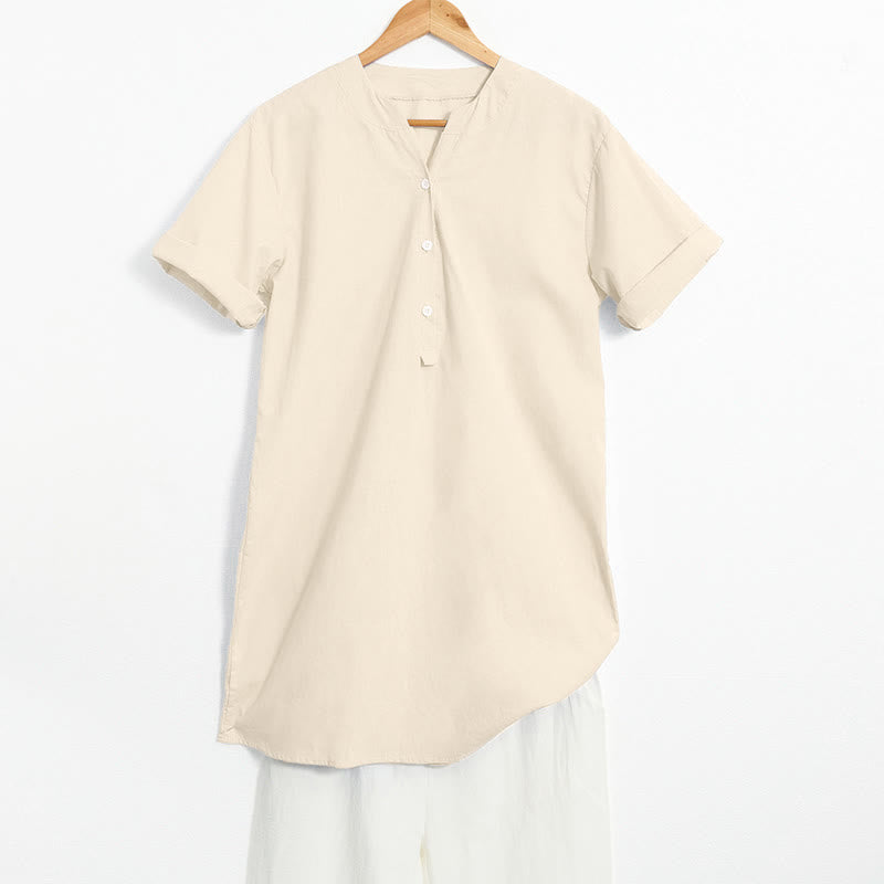Buddha Stones Camicia da donna a maniche corte con colletto a punta e bottoni casual e semplici - Beige - US20, UK/AU24, EU52 (5XL) - image 40