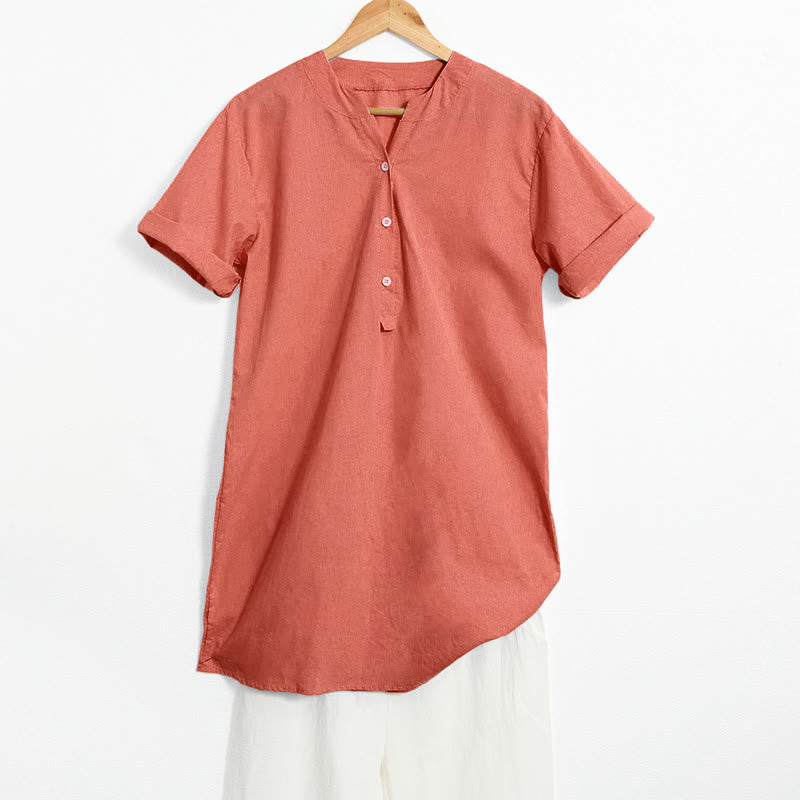 Buddha Stones Camicia da donna a maniche corte con colletto a punta e bottoni casual e semplici - Corallo - US20, UK/AU24, EU52 (5XL) - image 45