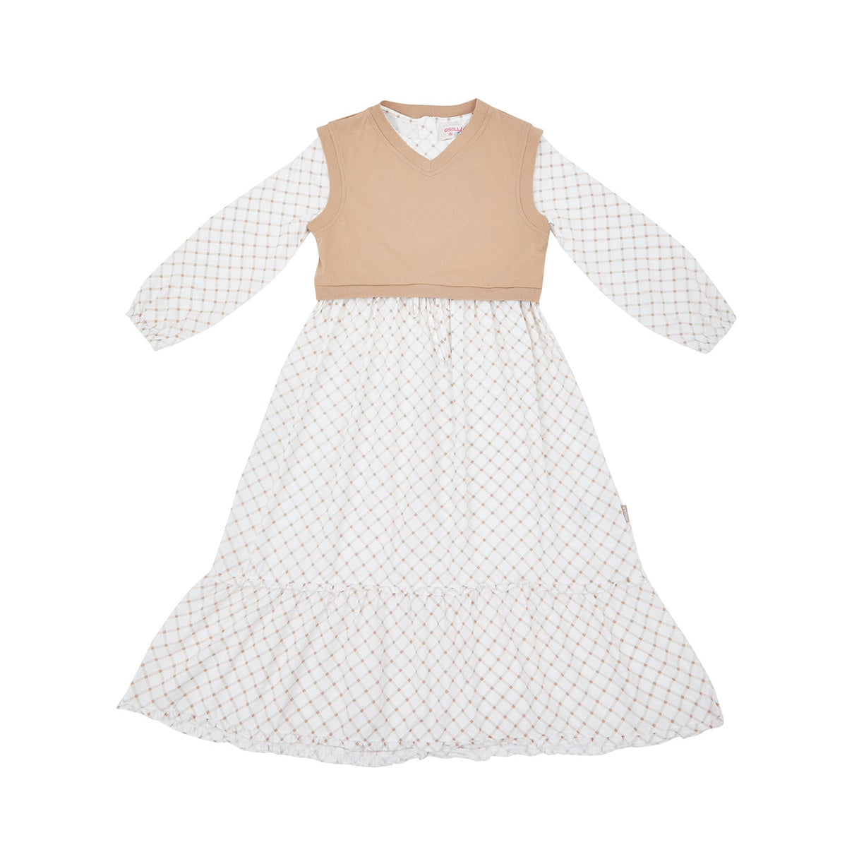 Osella Plaid Maxi Dress With Additional Knit Vest In Beige 2357500191