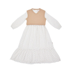 Osella Plaid Maxi Dress With Additional Knit Vest In Beige 2357500191